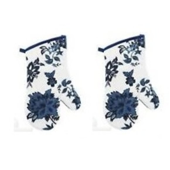 (2) LOT BUNDLE Royal Norfolk Royal Blue Navy & White Floral Kitchen Oven Mitts - Picture 1 of 16